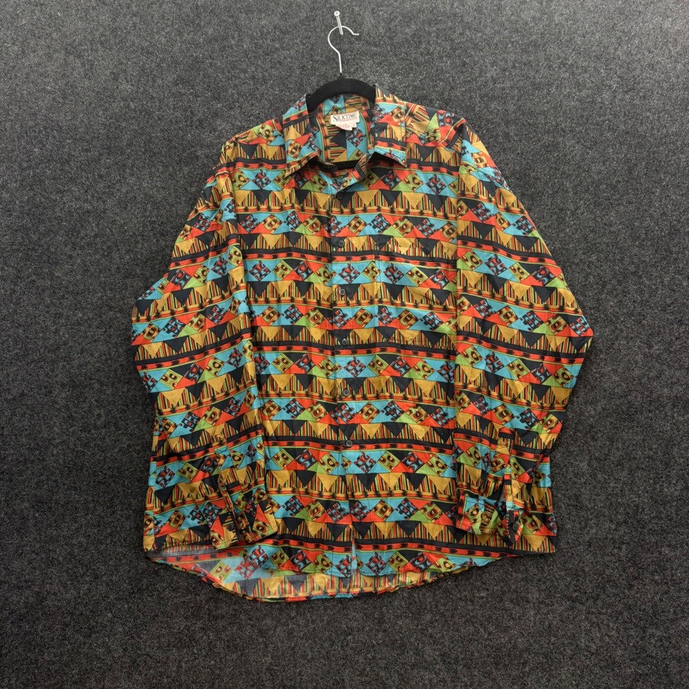 Vintage 80s Silktime Mens Silk Button Down Shirt Geometric Tribal Print Medium